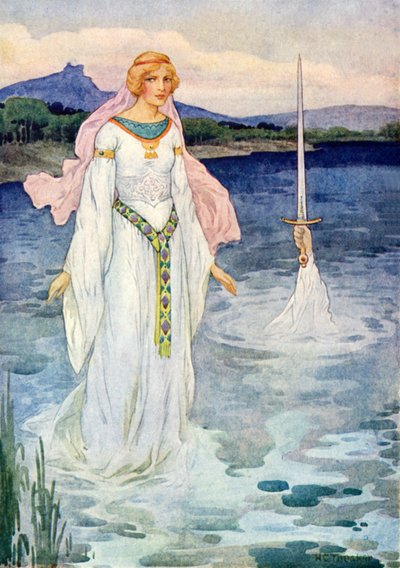 Miecz i Pani Jeziora (kolorowa litografia) autorstwa Harry George Theaker