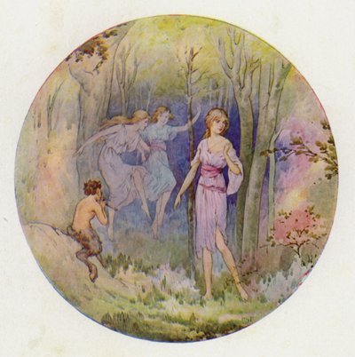 Leśne nimfy, które tańczyły w świetle słońca i księżyca (kolorowa litografia) autorstwa Harry George Theaker