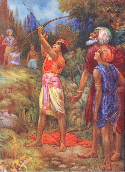 "Więc krzycz" - zawołał niechętnie starzec. From the Adventurous Brethren, ilustracja z "Childrens Stories from Indian Legends", ok. 1930 r. (kolorowa litografia) autorstwa Harry George Theaker