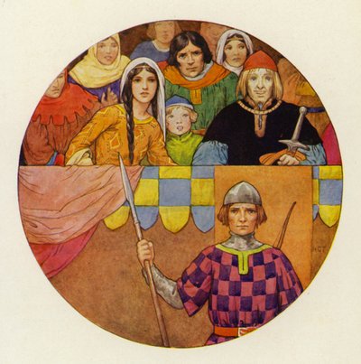 Na trybunach zgromadziło się wielu rycerzy i dam (kolorowa litografia). autorstwa Harry George Theaker