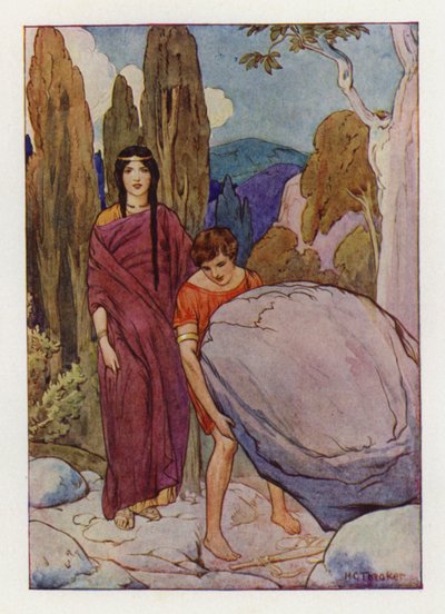 Tezeusz podnoszący wielką skałę, pod którą leżał miecz i sandały (kolorowa litografia) autorstwa Harry George Theaker