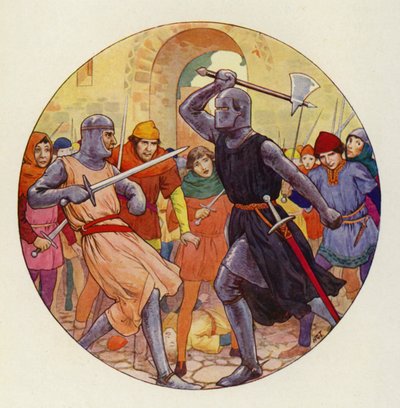 Trzy razy Isambart pchnął i trzy razy pchnięcie poszło szeroko (kolorowa litografia) autorstwa Harry George Theaker