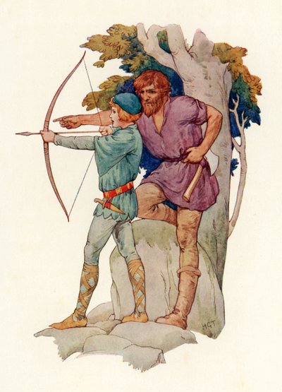 Młody Lancelot uczony łucznictwa przez drwala (kolorowa litografia) autorstwa Harry George Theaker