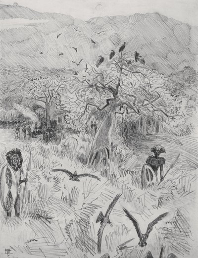 Obóz Masajów, ok. 1884 (pióro na papierze) autorstwa Harry Hamilton Johnston