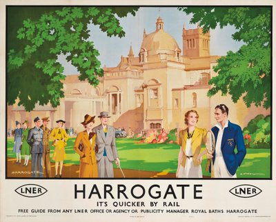 Harrogate, jego szybciej pociągiem”, plakat reklamujący podróże koleją autorstwa Harry Tittensor