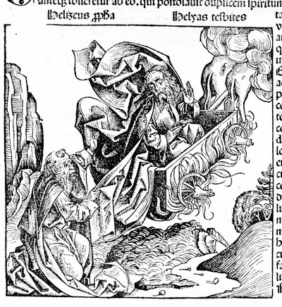 Eliasz wznosi się w ognistym rydwanie, pozostawiając swoją posiadłość Elisee. Hartmann Schedel: Kronika Norymbergi. Norymberga 1497 autorstwa Hartmann Schedel