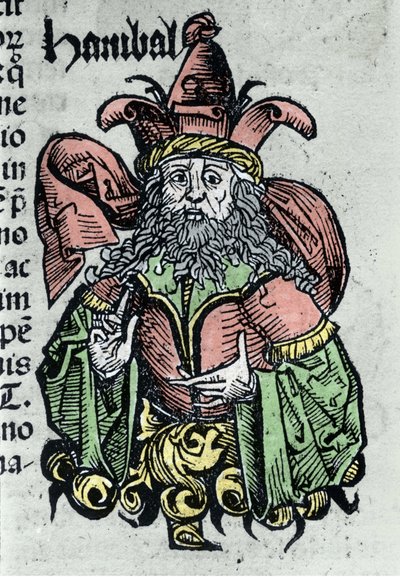 Portret Hannibala lub Annibala Barki (247 pne - 183 pne), kartagińskiego generała i męża stanu. Ksylografia „Kroniki Norymbergi” Hartmanna Schedela autorstwa Hartmann Schedel