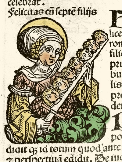 Reprezentacja św. Felicyta, męczeństwo w Rzymie z głowami jego siedmiorga dzieci. ksylografia Hartmanna Schedla „”Kroniki Norymberskie””” 1493. autorstwa Hartmann Schedel