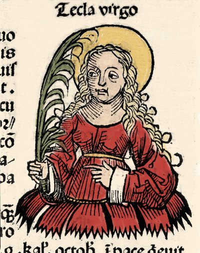 Reprezentacja Matki Boskiej i Tekle Męczeństwa Ikonium (Santa Tecla) Ksylografia „” Kronik Norymbergi”” Hartmanna Schedla autorstwa Hartmann Schedel