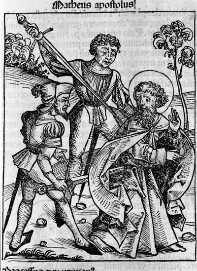 Reprezentacja ewangelisty św. Mateusza. Rycina z „Liber chronicarum” (kroniki norymberskie) Hartmanna Schedla 1493 autorstwa Hartmann Schedel