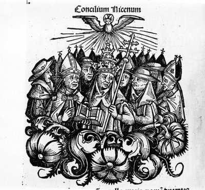 Sobór Nicejski. Ilustracja „” Universal Chronicles of Norymberga”” H. Schedel autorstwa Hartmann Schedel