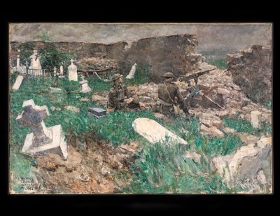 Stanowisko karabinu maszynowego, ok. 1918 (olej na płótnie) autorstwa Harvey T. Dunn