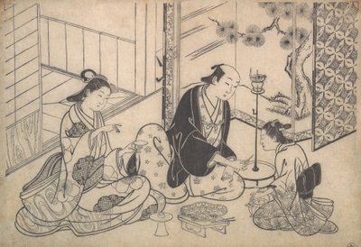 Wnętrze, Trzy postacie: Impreza sake, ok. 1900 r. 1730. autorstwa Hasegawa Mitsunobu