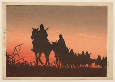 Czerwone zachodzące słońce autorstwa Hasui Kawase