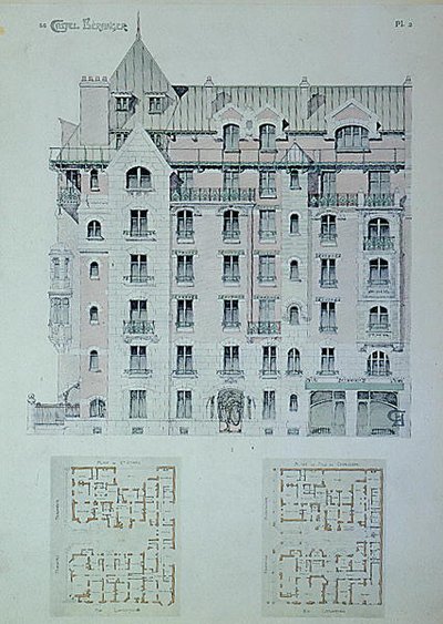 Fasada i plan terenu „Castel-Beranger”, ilustracja z książki Hectora Guimarda (1867-1942) (kolor lito) autorstwa Hector Guimard