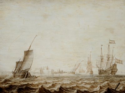 Wijdschip opuszczający żagiel na wzburzonym morzu, połowa XVII wieku (olej na panelu) autorstwa Heerman Witmont