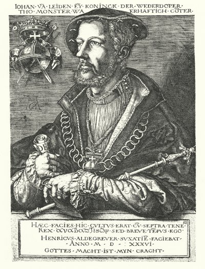 Jan z Leiden, przywódca holenderskich anabaptystów i jeden z przywódców rebelii w Munster w latach 1534-1535 (rycina) autorstwa Heinrich (after) Aldegrever