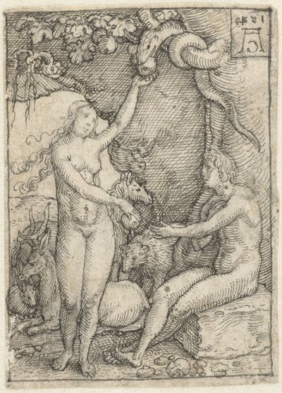 Ewa dociera do Adama Jabłka pod drzewem z wężem Rysunki projektowe do serii rycin The Power of Death (tytuł serii) autorstwa Heinrich Aldegrever