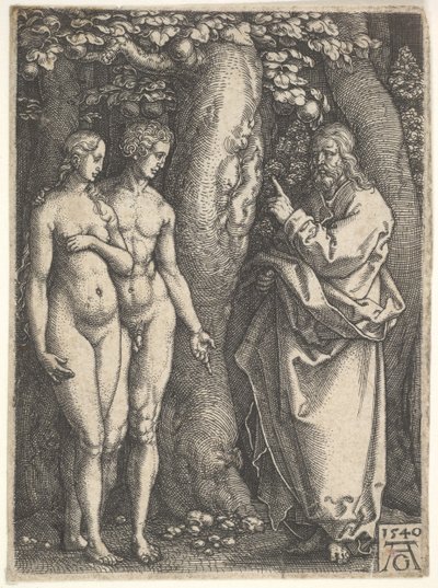 Bóg po prawej zabrania nagiemu Adamowi i Ewie po lewej jeść z drzewa poznania w... 1540. autorstwa Heinrich Aldegrever