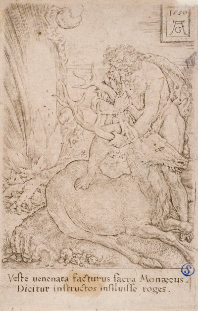 Herakles chwytający hinda kerynejskiego, z serii:  The Labours of Hercules (13) autorstwa Heinrich Aldegrever