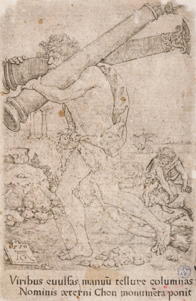 Herkules niosący kolumny Gadesa, z serii:  The Labours of Hercules (12) autorstwa Heinrich Aldegrever