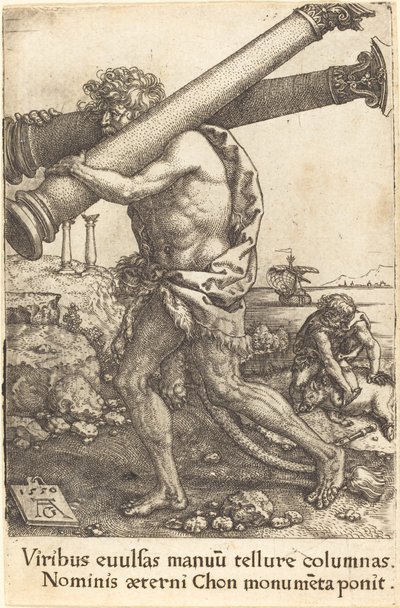 Herkules niosący dwie kolumny Gazy, 1550. autorstwa Heinrich Aldegrever