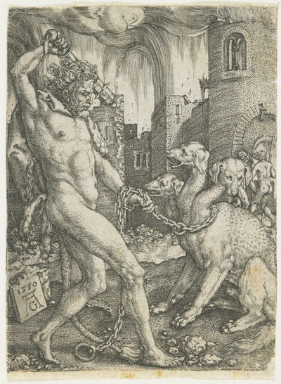 Hercules Chains Cerberus, 1550 autorstwa Heinrich Aldegrever