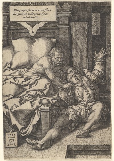 Sędzia Herkinbald podcina gardło swemu bratankowi, 1553. autorstwa Heinrich Aldegrever