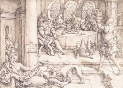 Łazarz błagający o okruchy ze stołu nurkowego, 1552 autorstwa Heinrich Aldegrever