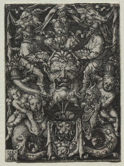 Projekt ornamentu z maską, para trytonów i dwoje dzieci poniżej, 1549. autorstwa Heinrich Aldegrever