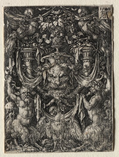 Wzór ornamentu z maską i orłem pomiędzy dwoma faunami poniżej autorstwa Heinrich Aldegrever