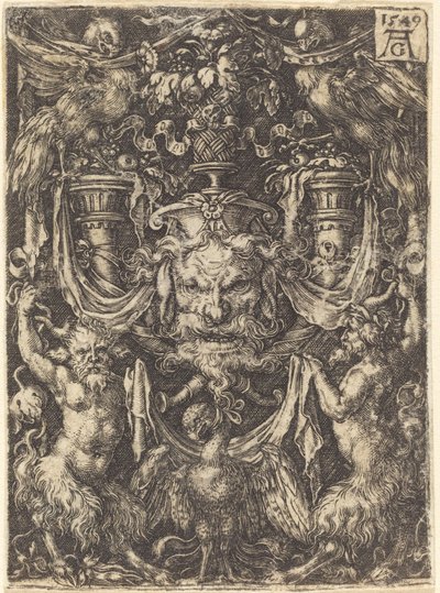 Ornament z maską, orzeł między satyrami z dołu, 1549. autorstwa Heinrich Aldegrever