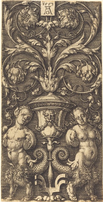Ornament z wazonem i dwiema postaciami kobiecymi, 1553. autorstwa Heinrich Aldegrever