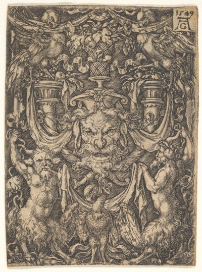 Ozdobny wzór z maską i orłem pomiędzy dwoma faunami poniżej, 1549. autorstwa Heinrich Aldegrever