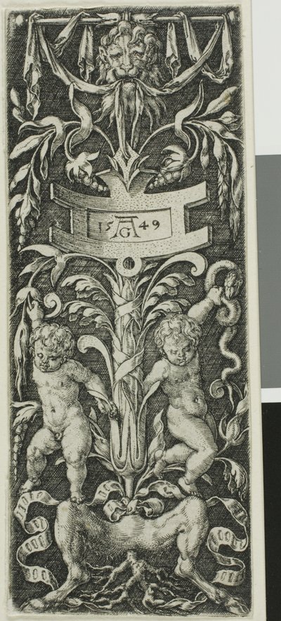 Panel ozdobny z dwoma nagimi chłopcami stojącymi na nogach satyra autorstwa Heinrich Aldegrever