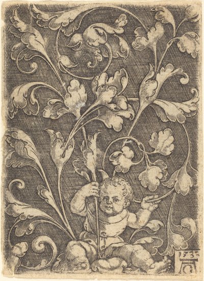 Ozdoba zwoju z siedzącym dzieckiem, 1532. autorstwa Heinrich Aldegrever