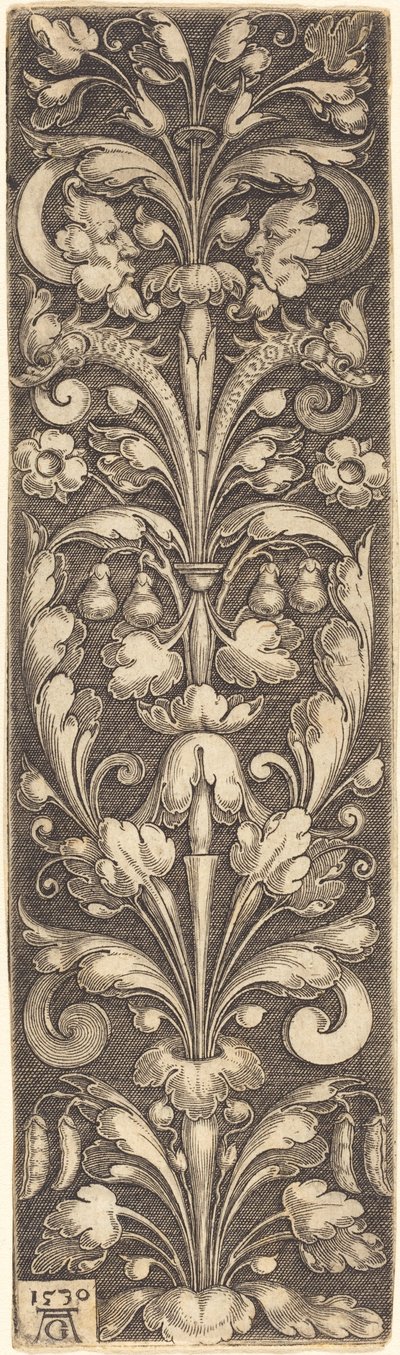 Gałązka ozdobnych liści z dwiema maskami i dwoma delfinami, 1530. autorstwa Heinrich Aldegrever