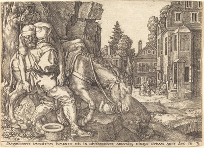 Dobry Samarytanin umieszcza podróżnika na mule, 1554. autorstwa Heinrich Aldegrever
