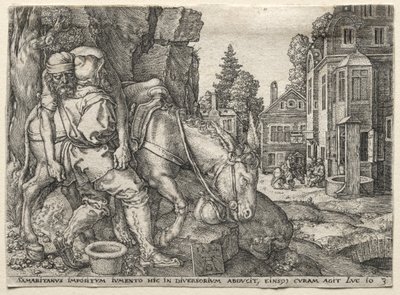Przypowieść o dobrym Samarytaninie: Dobry Samarytanin sadza podróżnika na swoim osiołku, 1554. autorstwa Heinrich Aldegrever