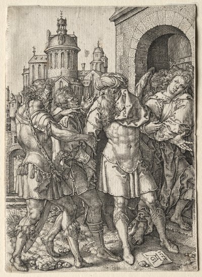 Historia Lota: Lot chroni Sodomitów przed przemocą, 1555. autorstwa Heinrich Aldegrever