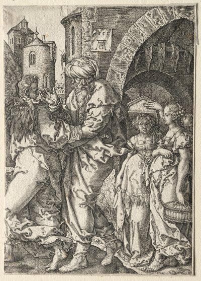Historia Lota: Lot i jego rodzina uciekają z Sodomy, 1555. autorstwa Heinrich Aldegrever