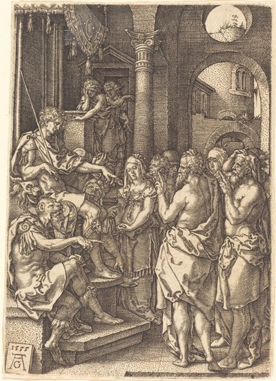 Dwóch starszych przed sędzią, 1555. autorstwa Heinrich Aldegrever