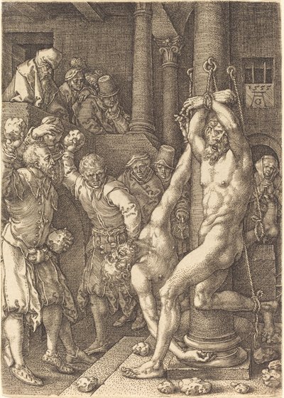 Dwóch starszych ukamienowanych przez lud, 1555. autorstwa Heinrich Aldegrever