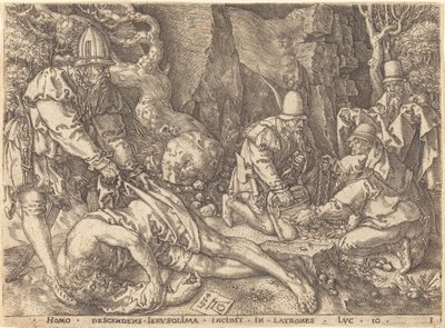 Podróżnik wśród złodziei, 1554. autorstwa Heinrich Aldegrever
