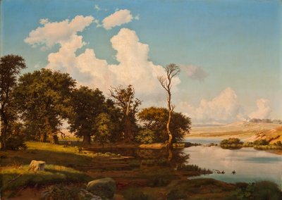 Duński: Duński krajobraz, dęby nad jeziorem. Duński krajobraz, dęby nad jeziorem. autorstwa Heinrich Buntzen