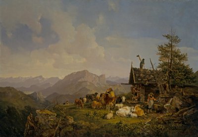 Krajobraz w Oberbayen z pasterzami i ich bydłem odpoczywającymi przy chacie autorstwa Heinrich Burkel