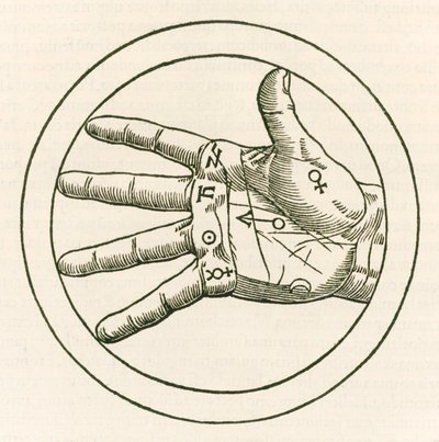 Grawer „Ręka chiromancji” autorstwa Heinricha Corneliusa Agrippy von Nettesheim (1486-1535) De occulta philosophia libri tres (Trzy księgi filozofii okultystycznej) opublikowany w 1533 roku. autorstwa Heinrich Cornelius Agrippa von Nettesheim