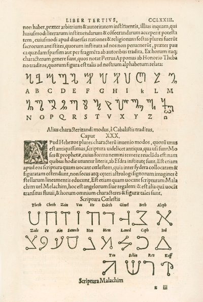Alfabet tebański (alfabet honorowy lub runy Honoriusza) i alfabet niebiański (Scriptura Malachim lub pismo anielskie) Grawerowanie od Heinricha Corneliusa Agrippy von Nettesheim (1486-1535) De occul autorstwa Heinrich Cornelius Agrippa von Nettesheim