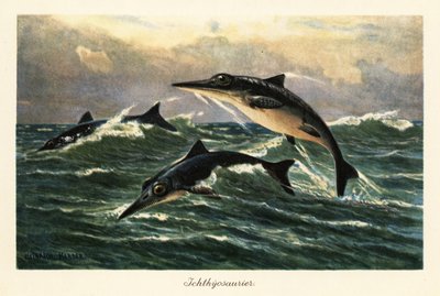 Wymarłe ichtiozaury skaczące nad oceanem. autorstwa Heinrich Harder