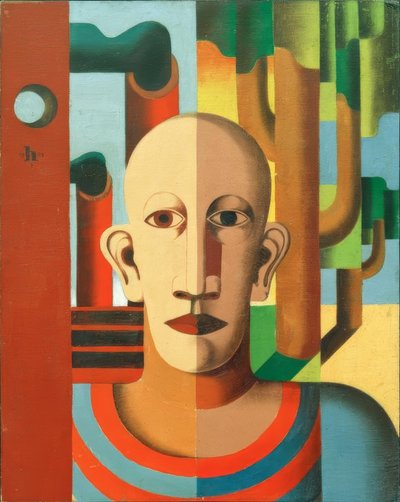 Pracownik (autoportret przed drzewami i kominami) autorstwa Heinrich Hoerle